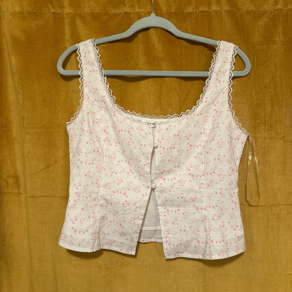 White and Pink Floral Lacey 2-Button Top
